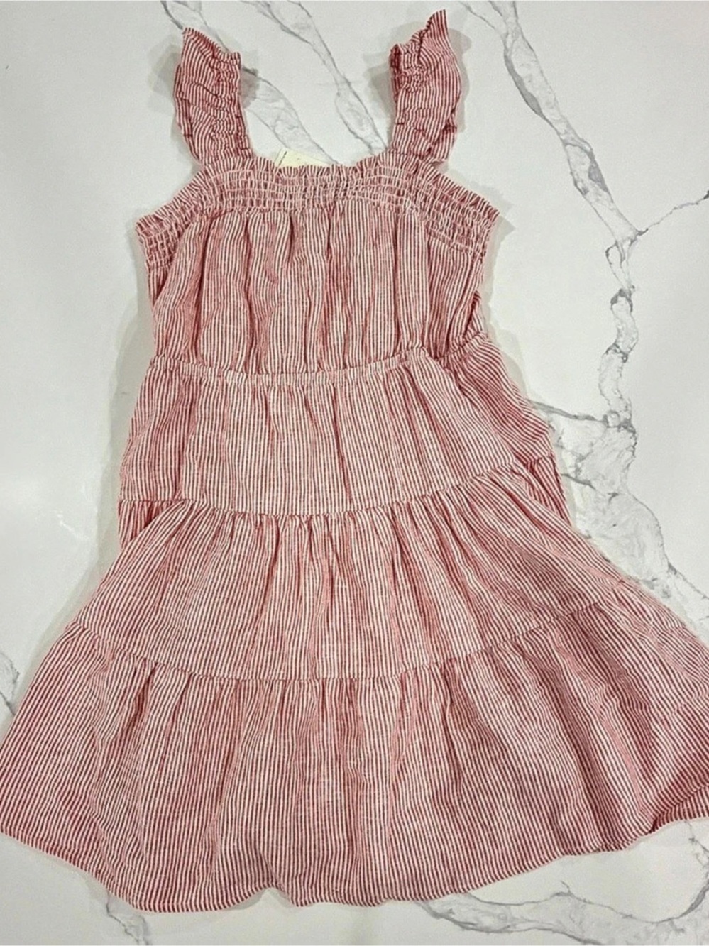 Copper Key Girls XL (16) Linen Blend Tiered Dress NWT Red White Striped Smocked